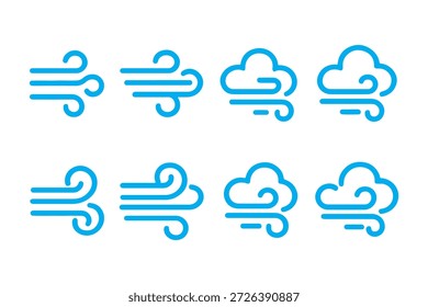 Conjunto de doodle da linha de vento. Mão azul puxado vento redemoinho e rajadas. Símbolos decorativos de brisa para projetos climáticos, naturais e climáticos.