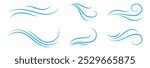 Wind linear sketch set, wind blow line icon. Isolated vector illustration. Wind motion, air blow, swirl elements. Air blow motion, smoke flow art, windy weather symbol, abstract curved line. 