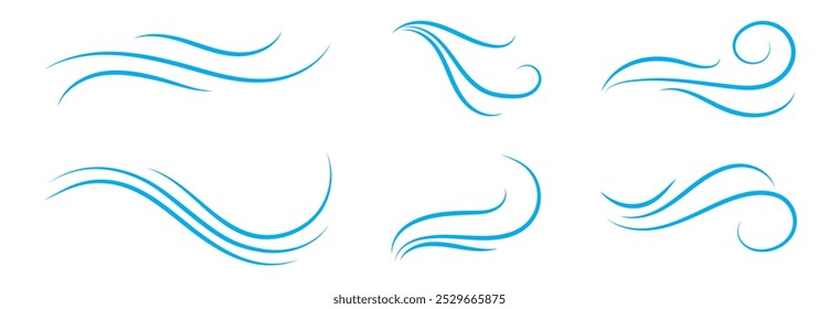 Wind linear sketch set, wind blow line icon. Isolated vector illustration. Wind motion, air blow, swirl elements. Air blow motion, smoke flow art, windy weather symbol, abstract curved line. 