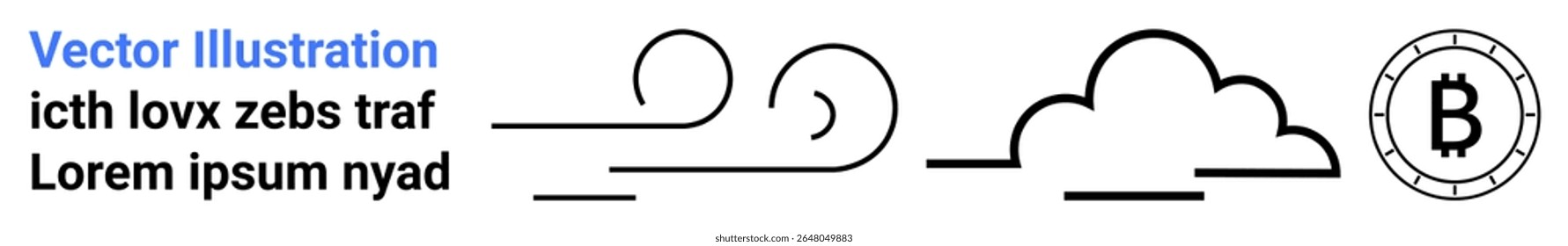 Wind lines, cloud shape, and Bitcoin symbol in fusion with text elements. Ideal for cryptocurrency, fintech, weather apps, cloud storage, digital currency, minimalist designs, and branding. Landing