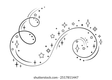 Wind lines, magic spell.Magic wand. Swirling movement of fairy dust. Stars, sparks, fairy sorcery. The symbol of a miracle