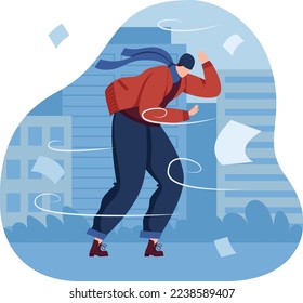 Concepto de hombre de viento, lucha fuerte del clima, hombre de negocios de traje fuerte, valiente de viento, diseño, en ilustración vectorial de estilo caricaturista.