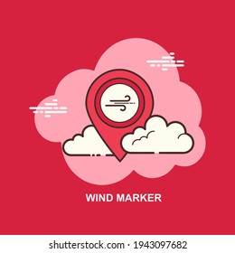 wind marker red pin with white clouds on red background flat concept design