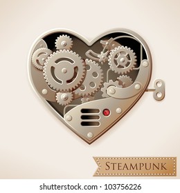 Wind up metal steampunk heart with gears, vector