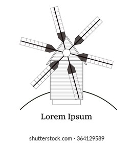 Wind Mill. Building for grinding flour. The production of bread. Icon design for your company. Wooden Mill with six wings. Wind energy. Vector illustration.
