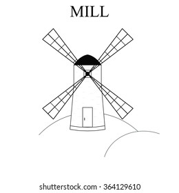 Wind Mill. Building for grinding flour. The production of bread. Icon design for your company. Mill with four triangular wings. Wind energy. Vector illustration.