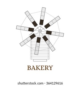 Wind Mill. Building for grinding flour. The production of bread. Icon design for your company. Wooden Mill with eight wings. Wind energy. Vector illustration.