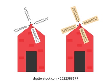Wind mill buildings or windmill farm in flat style. Red, white and beige colors. Vector illustration isolated on transparent background