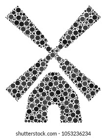 Wind Mill collage of filled circles in different sizes. Vector round elements are united into wind mill composition.