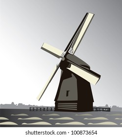 wind mill, countryside vector illustration