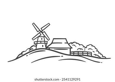 Wind mill and farm barn on field, countryside scene line icon. Outline hand drawn rustic landscape with windmill to grind wheat. Village, ranch mascot, farm buildings icon vector illustration