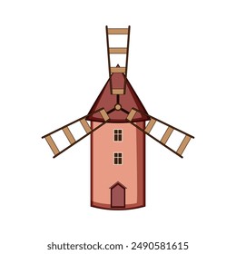 wind mill farm cartoon. village hand, flour wheat, old house wind mill farm sign. isolated symbol vector illustration