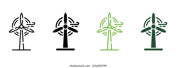 Wind Mill Farm Electric Power Line und Silhouette Icon Farbsatz. Öko-erneuerbare Energien. Ökologie-Technologie der Generation Energy Symbol Collection auf weißem Hintergrund. Einzelne Vektorgrafik.