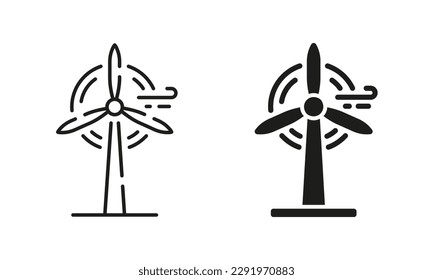 Conjunto de iconos de silueta y línea de alimentación eléctrica de la granja eólica. Energía Ecológica Renovable. Tecnología ecológica de la colección de símbolos de energía de generación en fondo blanco. Ilustración de vectores aislados.