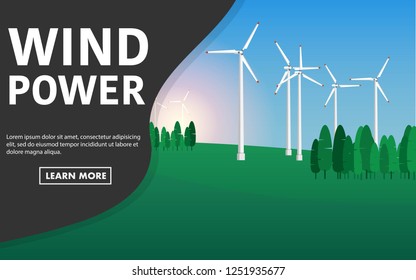 Wind mill farm on the green landscape field with copy space for text