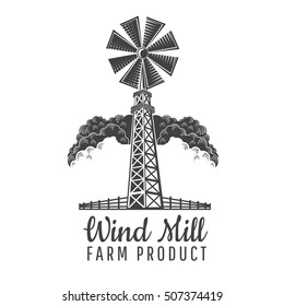 Wind mill front view with fence on clouds background isolated on white. Logo for farm product in engraving style