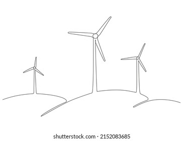 Wind mill, wind generator energy, single continuous line art drawing. Windmill tower save ecology green energy electricity. Hilly landscape with generate wind turbines. Vector one outline illustration
