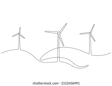 Wind mill, wind generator energy, single continuous line art drawing. Windmill tower save ecology green energy electricity. Hilly landscape with generate wind turbines. Vector one outline illustration