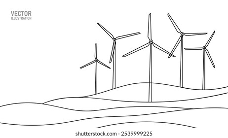 Wind mill, wind generator energy, single continuous line art drawing. Windmill tower save ecology green energy electricity. Hilly landscape with generate wind turbines. Vector one outline