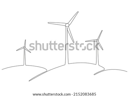 Wind mill, wind generator energy, single continuous line art drawing. Windmill tower save ecology green energy electricity. Hilly landscape with generate wind turbines. Vector one outline illustration