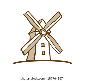 Wind mill. Hand drawn in the old style.