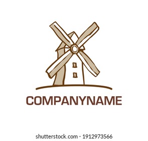 Wind mill. Hand drawn in the old style. Ready logo