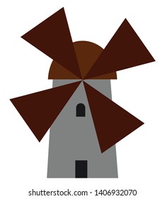A wind mill having four blades with a grey colored stand and brown colored blades used for generating power, vector, color drawing or illustration. 
