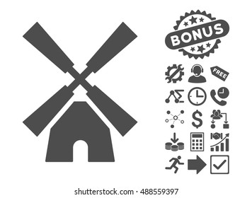 Wind Mill icon with bonus symbols. Vector illustration style is flat iconic symbols, gray color, white background.