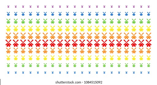 Wind Mill icon spectral halftone pattern. Vector symbols arranged into halftone matrix with vertical rainbow colors gradient. Designed for backgrounds, covers, templates and abstraction concepts.
