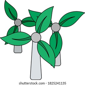 Windmühle mit Blättern im Blades-Symbol. Umriss mit dem Design der Farbfüllungen. Vektorgrafik.