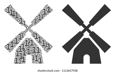 Wind mill mosaic icon of zero and null digits in different sizes. Vector digits are combined into wind mill collage design concept.