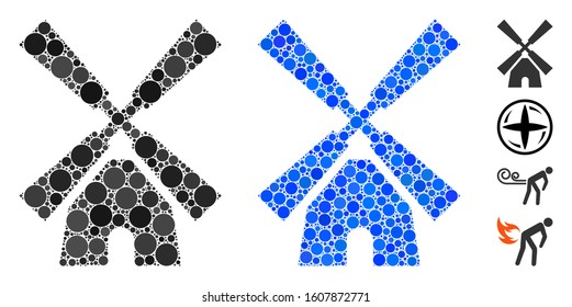 Wind mill mosaic of round dots in variable sizes and shades, based on wind mill icon. Vector round dots are combined into blue composition. Dotted wind mill icon in usual and blue versions.