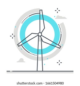 Wind mill related color line vector icon, illustration. The icon is about ecologic, green energy, environment friendly, wind turbine, renewable energy, clean. The composition is infinitely scalable.