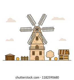 the wind mill is surrounded by buildings and a tree and a fence on white background
