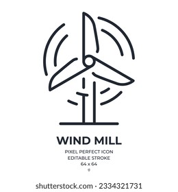 Wind mill turbine editable stroke outline icon isolated on white background flat vector illustration. Pixel perfect. 64 x 64.