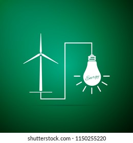 Wind mill turbine generating power energy and glowing light bulb icon isolated on green background. Natural renewable energy production using wind mills. Flat design. Vector Illustration