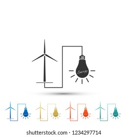 Wind mill turbine generating power energy and glowing light bulb icon isolated on white background. Natural renewable energy production using wind mills. Colored icon. Flat design. Vector Illustration
