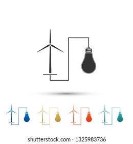 Wind mill turbine generating power energy and light bulb icon on white background. Alternative natural renewable energy production using wind mills. Set elements in color icons. Vector Illustration