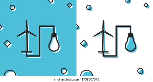 Wind mill turbine generating power energy and light bulb icon on blue and white background. Alternative natural renewable energy production using wind mills. Random dynamic shapes. Vector Illustration