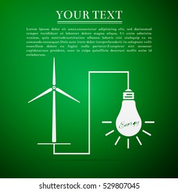 Wind mill turbine generating power energy and glowing light bulb. Natural renewable energy production using wind mills simple flat icon on green background. Vector Illustration