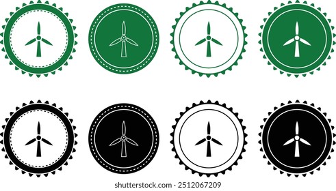 Wind Mill, turbine icon set. Ecology Stamps. Environment, sustainability, nature, recycle, renewable energy, eco-friendly, forest, wind power, green symbol. Solid icons vector collection.