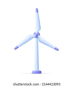 Wind mill, wind turbine, wind power station with long vanes. Renewable wind energy, green and alternative eco energy concept. 3d vector icon. Cartoon minimal style.