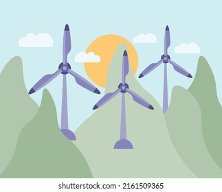 Wind mill, wind turbine, wind power station with long vanes. Renewable wind energy, green and alternative eco energy concept.