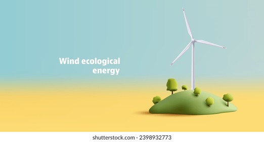 Wind mill, wind turbine, wind power station in hills with trees landscape. Renewable wind energy, green and alternative eco energy concept. 3d vector icon.