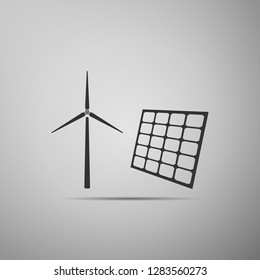 Wind mill turbines generating electricity and solar panel icon isolated on grey background. Energy alternative, concept of renewable energy. Flat design. Vector Illustration