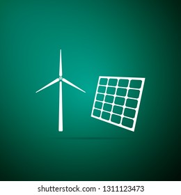Wind mill turbines generating electricity and solar panel icon isolated on green background. Energy alternative, concept of renewable energy. Flat design. Vector Illustration