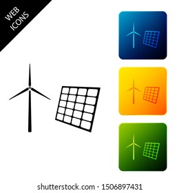 Wind mill turbines generating electricity and solar panel icon isolated on white background. Energy alternative, concept of renewable energy. Set icons colorful square buttons. Vector Illustration