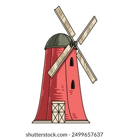 Pegatina vintage del molino de viento colorida con cuchillas giratorias en la torre para moler el grano y el trigo en Ilustración vectorial de harina