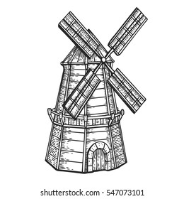 Wind mill, windmill hand drawn sketch vector engraved illustration. Ethcing medieval building emblem, logo, banner, badge for poster, web, mobile, icon, packaging