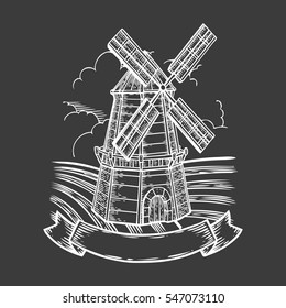 Wind mill, windmill with ribbon hand drawn sketch vector engraved illustration. Ethcing medieval building emblem, logo, banner, badge for poster, web, mobile, icon, packaging